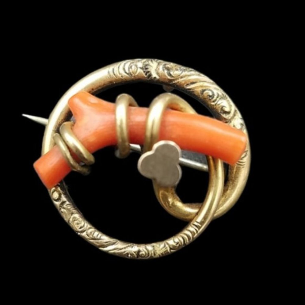 Antique Victorian Coral Branch Engraved Knot Pin